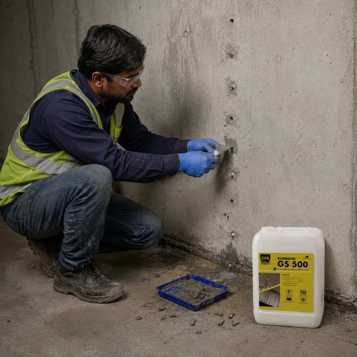 Worker in a hi-visibility vest sealing packer holes with cement putty after injection