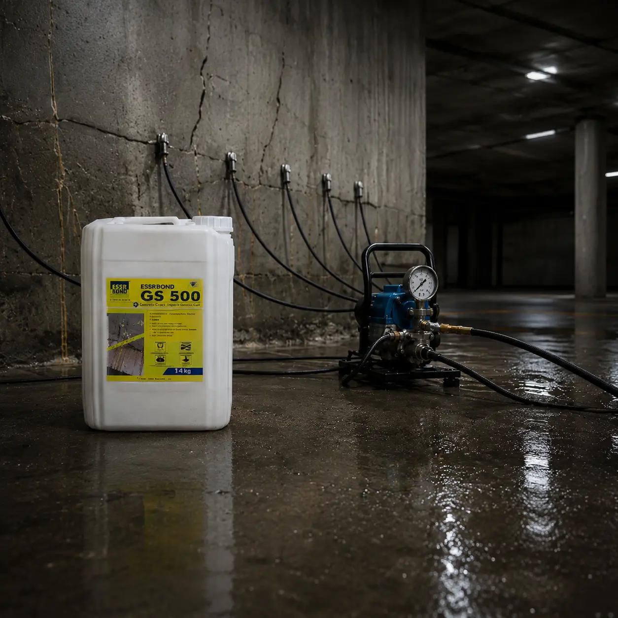 ESSRBOND GS 500 canister with injection hoses connected to packers on a wet basement floor