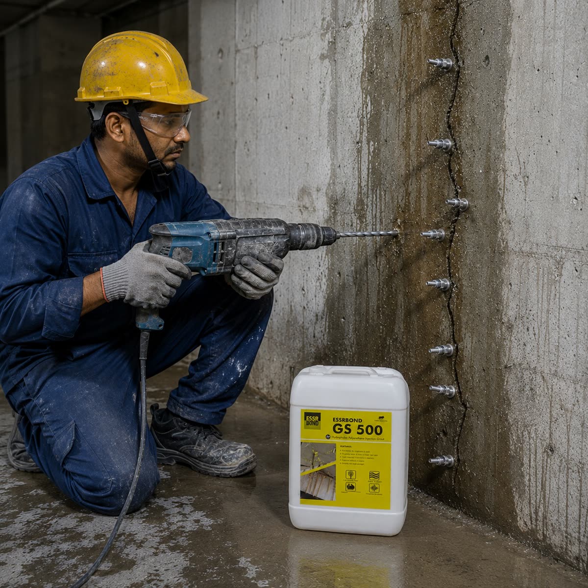 Worker in a yellow hard hat drilling injection holes along a crack in a concrete wall