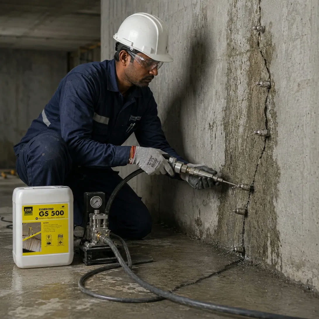 Worker in a white hard hat injecting ESSRBOND GS 500 through a packer using a pressure gauge pump