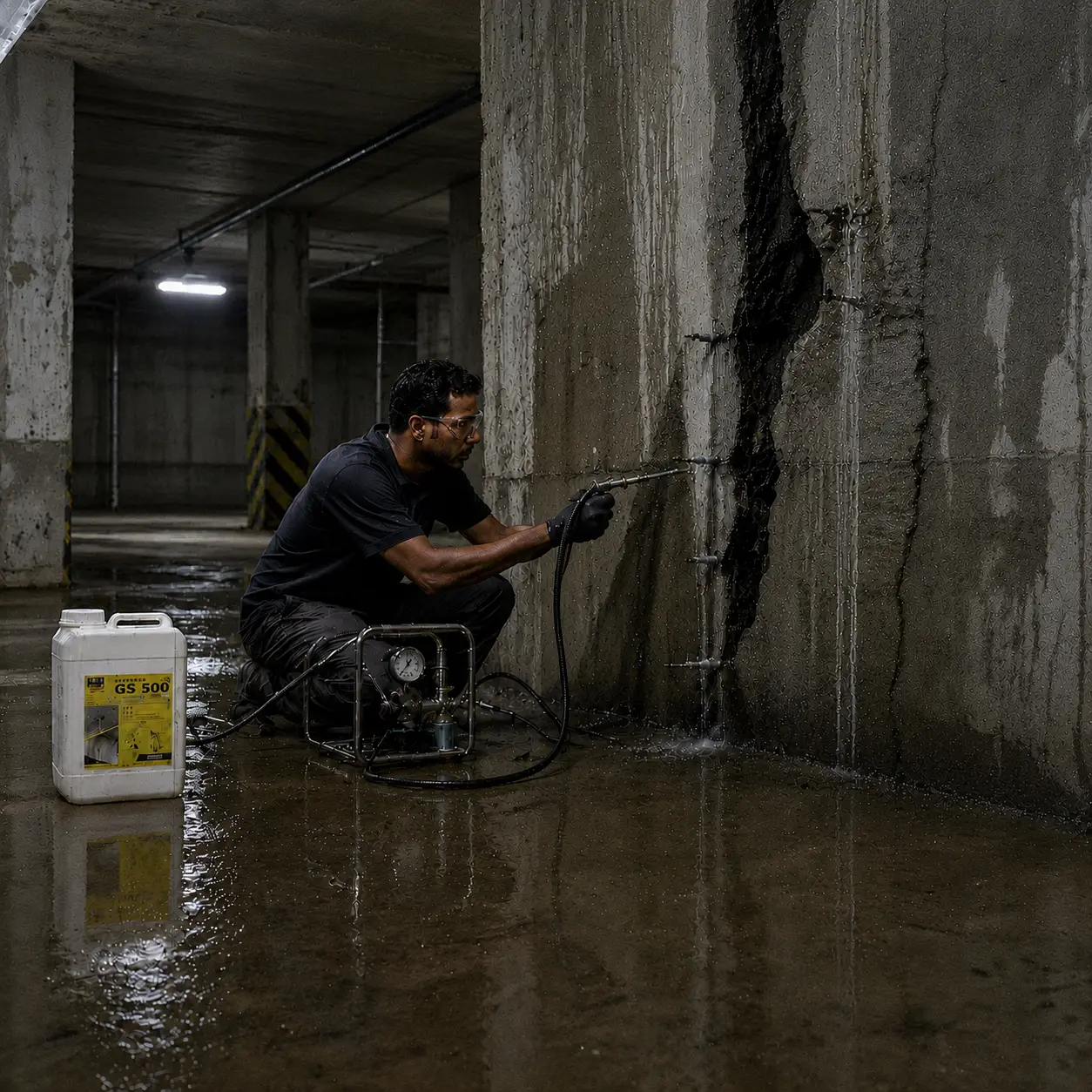 Worker injecting ESSRBOND GS 500 grout into a leaking basement wall